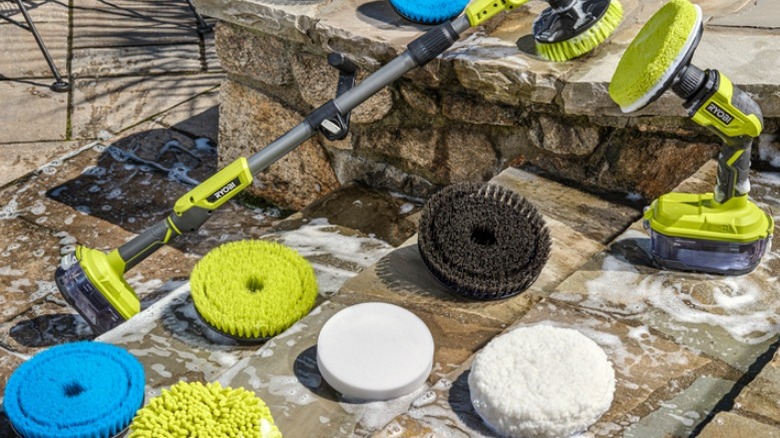 Ryobi Power Scrubber and hex attachments on display