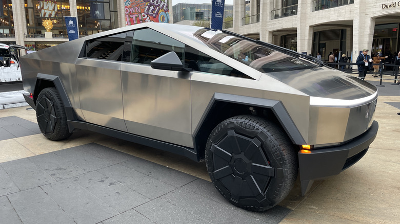 A Tesla Cybertruck on road. 