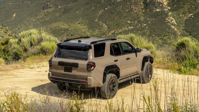 Rear shot of a 2025 Toyota 4Runner TRD Pro parked on a mountain trail