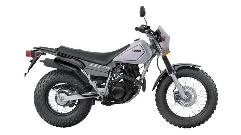 A gray Yamaha TW200 on a white background