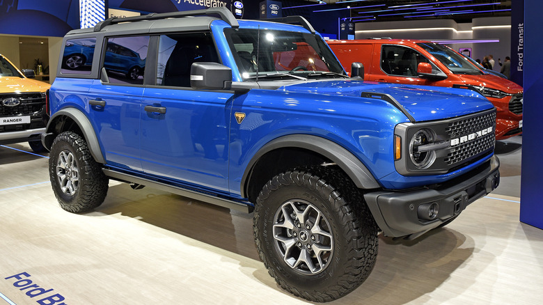 A blue Ford Bronco on display.