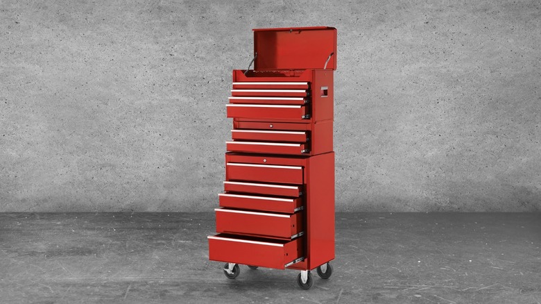 a red tool chest against a gray background
