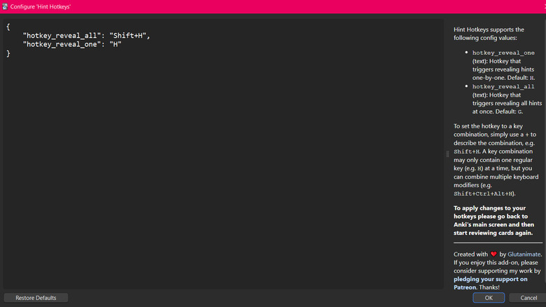 The configuration window for the Hint Hotkeys Add-on in Anki showing how to reveal all.