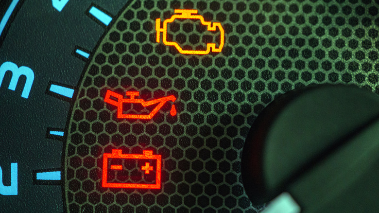 A car's dashboard warning lights
