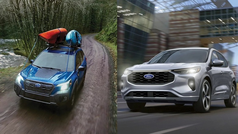 Subaru Forester on dirt trail and Ford Escape in the city