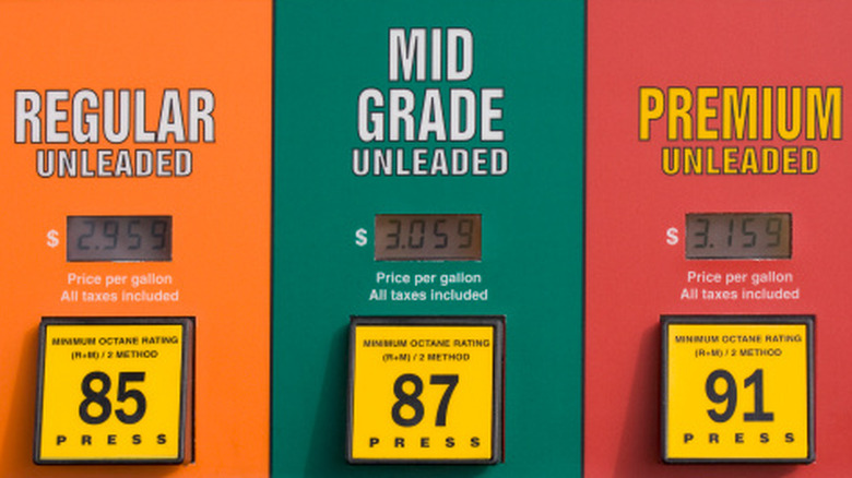 Individual grades of gasoline with selector buttons displayed on gas pump