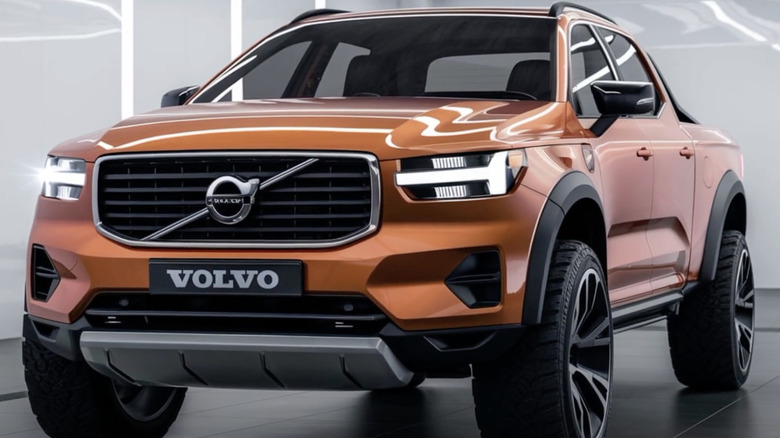 An AI-generated image showing the front of a fake orange Volvo pickup truck
