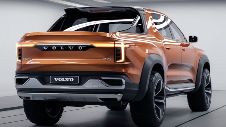 an AI-generated image showing the rear of an orange Volvo pickup truck