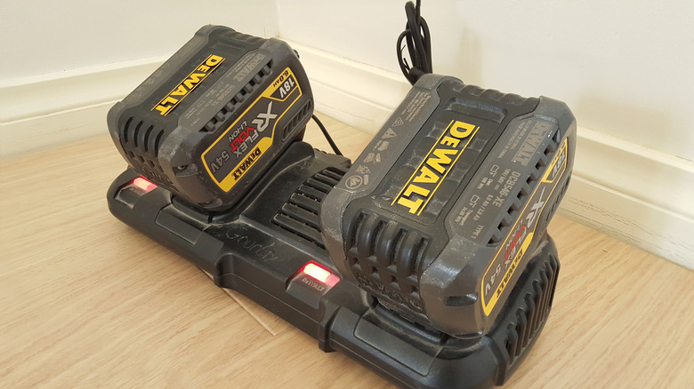 Selective focus view of the rechargeable battery pack of DeWalt tool