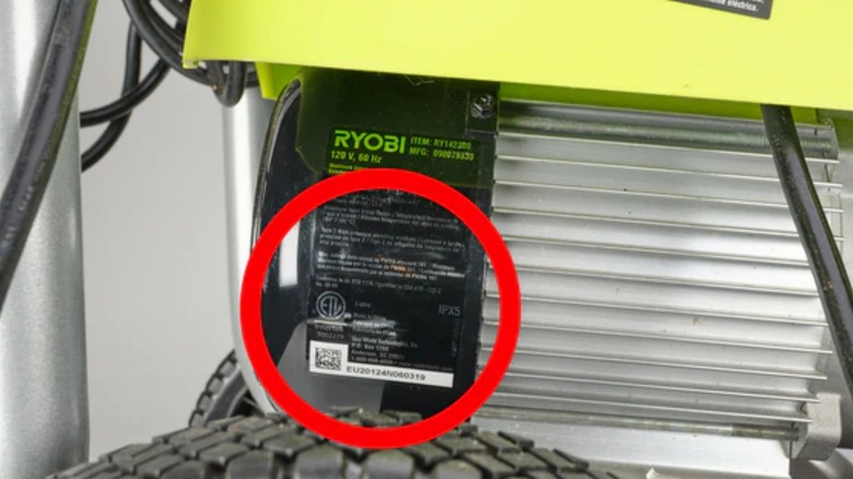 an image showing where to find the product and serial numbers on a ryobi pressure washer