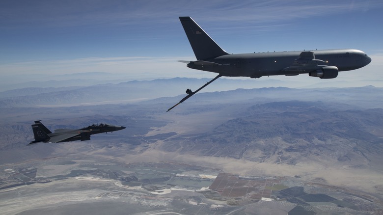 An F-15 moves into position for mid-air refueling.