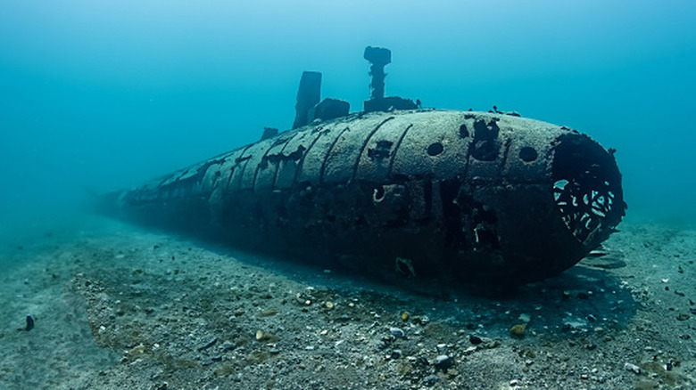 A sunken submarine on the seafloor