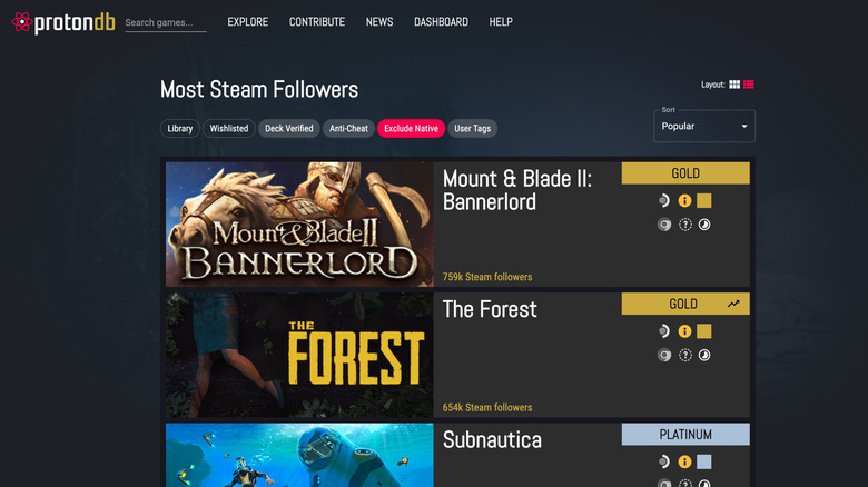 Some games and their ratings shown on ProtonDB