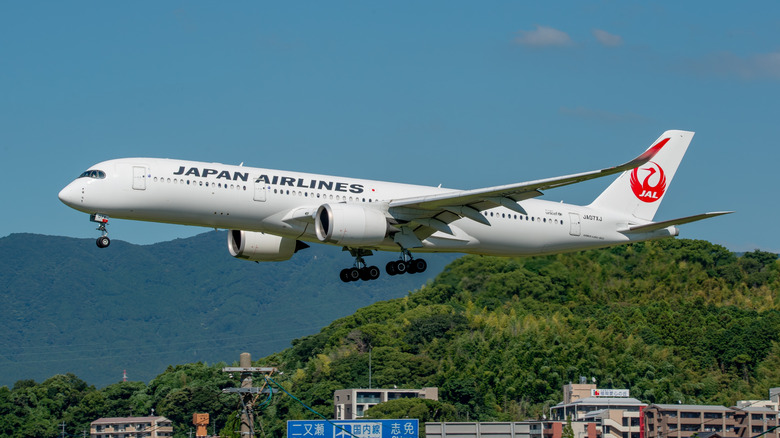 A Japan Airlines jet lands with green mountain backdrop