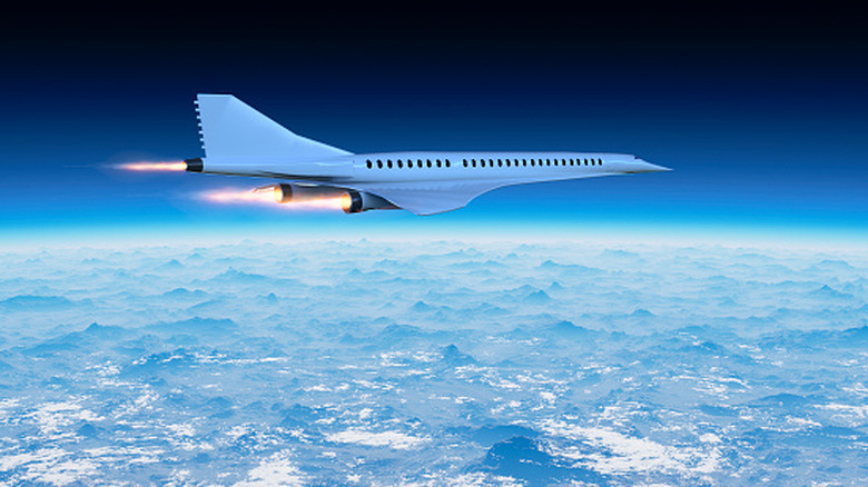 An illustration of a hypersonic jet flying at high altitude