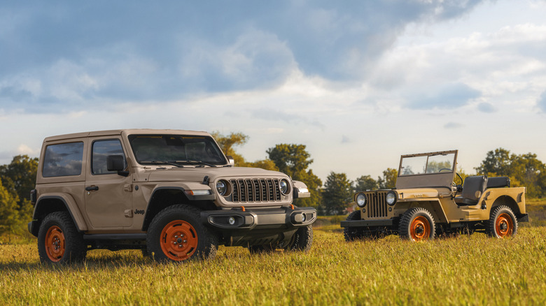 Front 3/4 view of 2027 Jeep Wrangler two-door JL-2A and original Willys CJ-2A