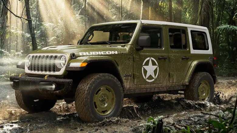 A Jeep Wrangler Sarge in the woods.