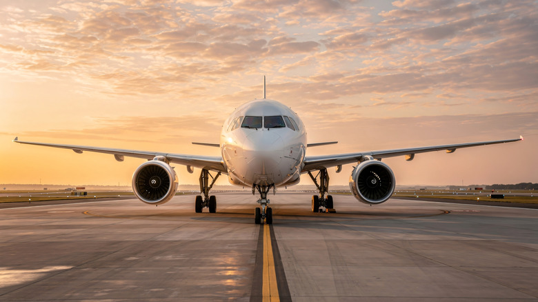 A plane on a runway beside a sunrise,