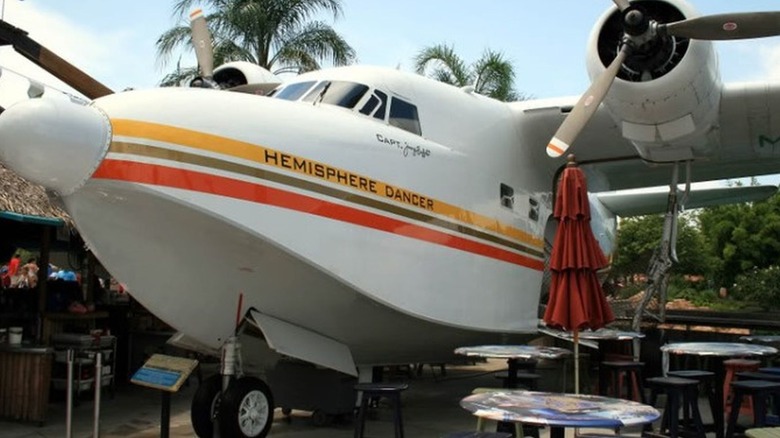 Buffett's Grumman Albatross seen from the front parked in Universal Studio's CityWalk attraction in Orlando, Florida