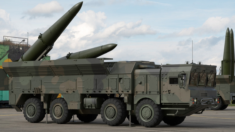 An Iskander: SS-26 Stone- short-range land-based ballistic missile (SRBM) on a mobile vehicle platform with a TEL-type launcher