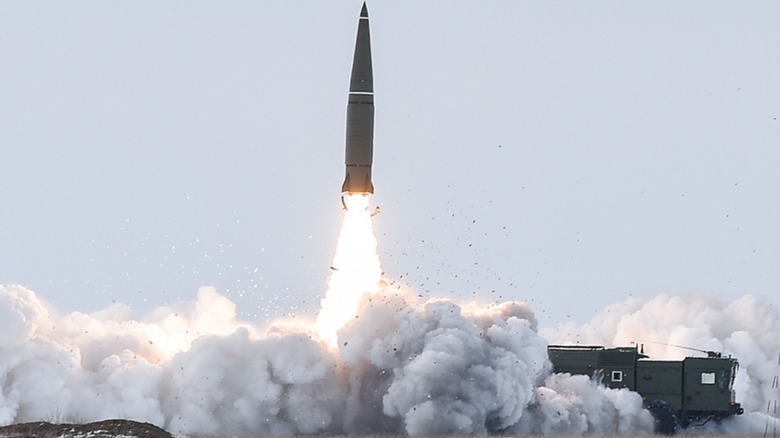 A Russian Iskander missile launched from a mobile platform