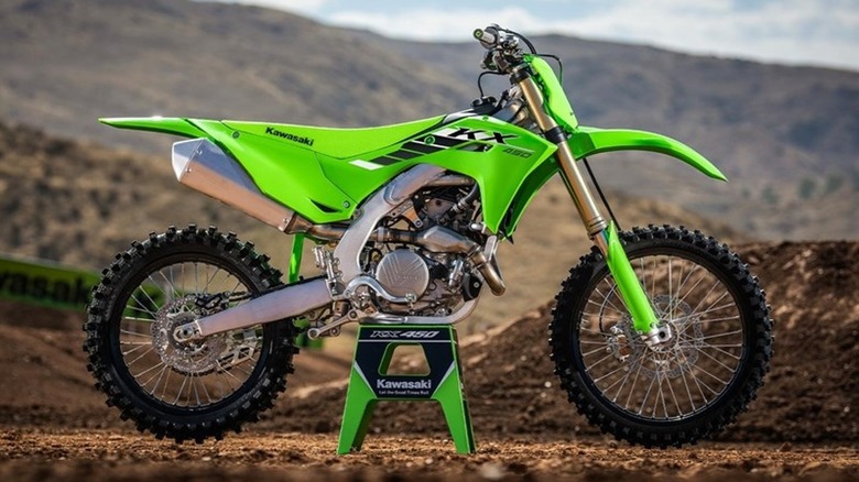 2025 Kawasaki KX450 on a stand in the desert