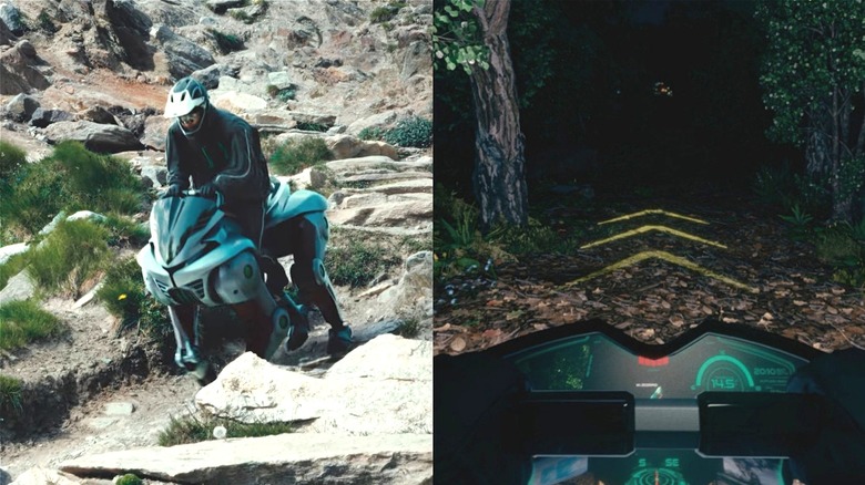 Split Image: Kawasaki Corleo with rider going over rocky terrain, left, and the view from the driver's seat with navigation markers.