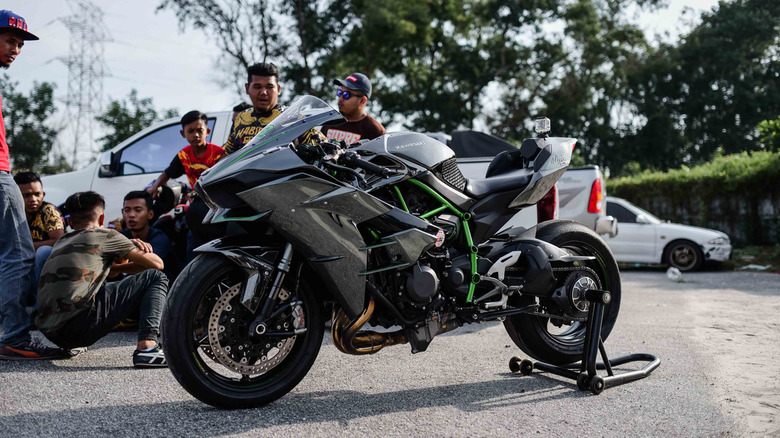 Kawasaki Ninja H2R motorcycle is displayed at drag festival