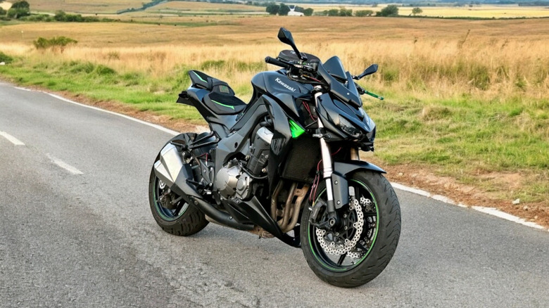 Black and green Kawasaki Z1000 parked on country road