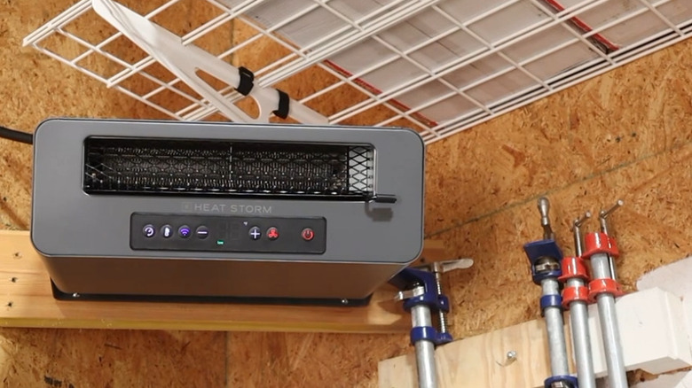 Heat Storm electric heater mounted to garage ceiling