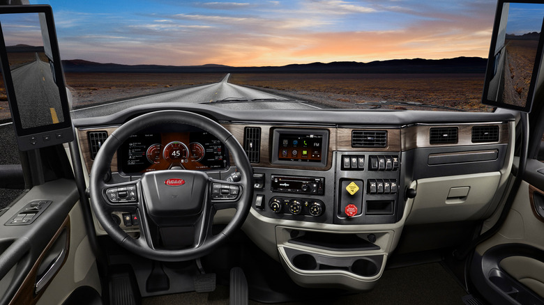 Front facing shot of the Peterbilt 579's cabin and dashboard.