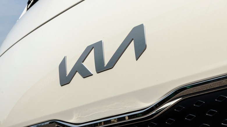 Close-up of the Kia logo on a white vehicle