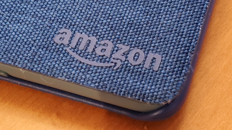 Close up of Amazon logo on a Kindle