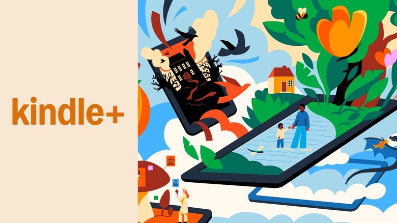 An illustration for Amazon Kindle+ showing cartoon-like kindle devices and characters and places from books