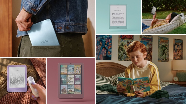 A promotional image from Amazon showing its newest Kindle devices and accessories