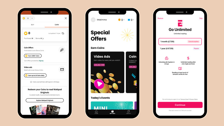 Screenshots of various book reading apps showing how to purchase coins, subscribe or access special offers