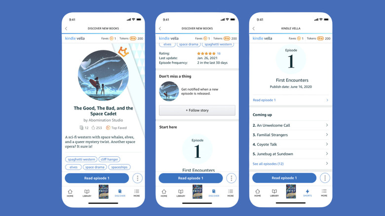 Image from Amazon website showing the Kindle reading app. There are three phone screens depicting a story called The Good The Bad and the Space Cadet