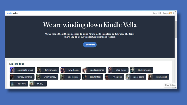 Screenshot of Kindle Vella page taken in early February 2025. It includes the message "We are winding down Kindle Vella. We've made the difficult decision to bring Kindle Vella to a close on February 26 2025. Thank you to all our wonderful authors and readers."
