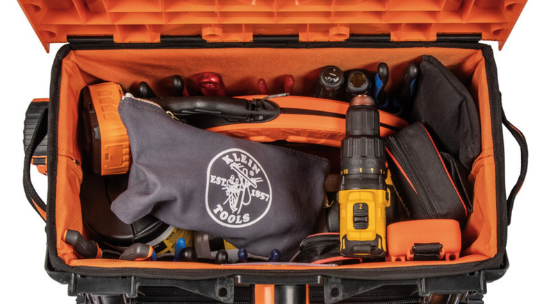 Top view of Klein rolling tool bag full of Klein products