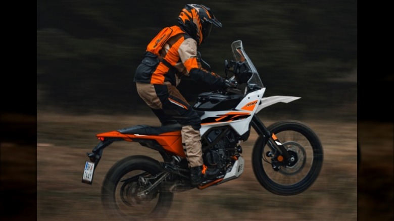 The KTM 390 Adventure skimming an offroad trail on one wheel.