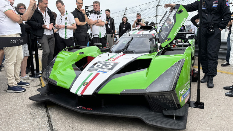 Lamborghini SC63 LMDh car in the paddock at 12 Hours of Sebring