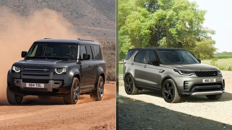 A Land Rover Defender 130 on a desert trail and a Discovery on a gravel trail