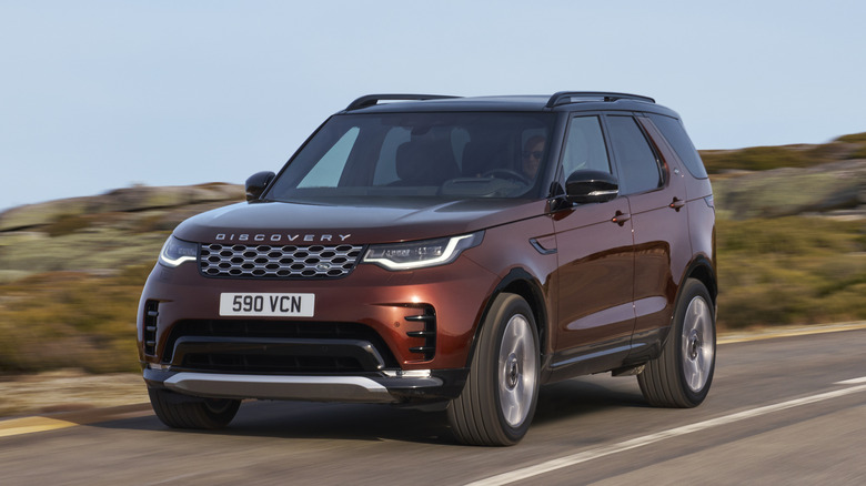 A Land Rover Discovery Gemini on the move, front 3/4 view