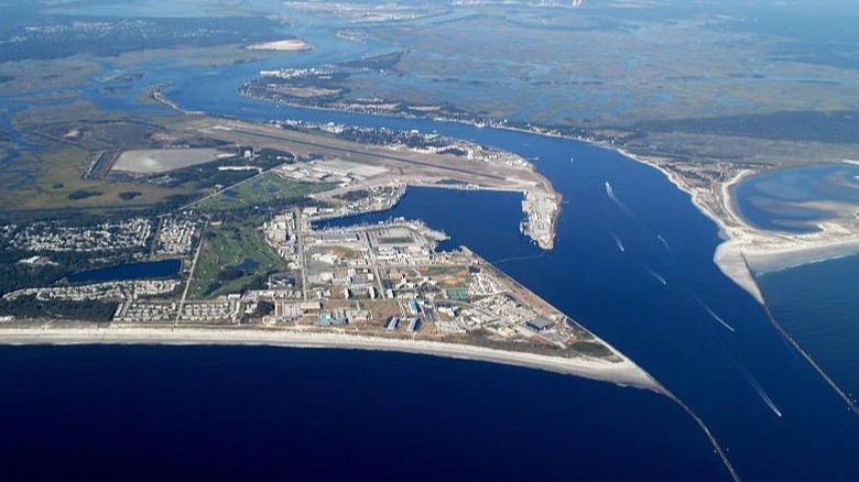 Aerial view of Naval Station Mayport surrounded by waters