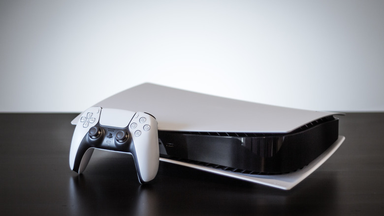 The Sony PS5 on a table.
