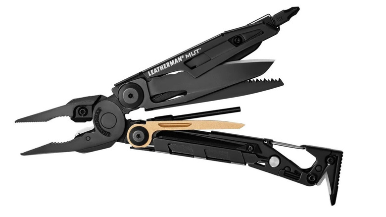 A Leatherman MUT and its tools against a white background