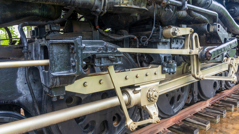 A close-up of a Big Bog locomotive on display in Cheyenne, Wyoming