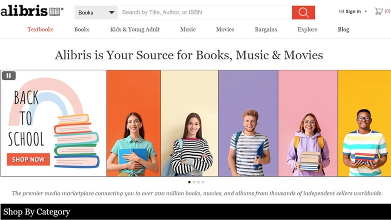 Alibris home page featuring smiling teens and college students