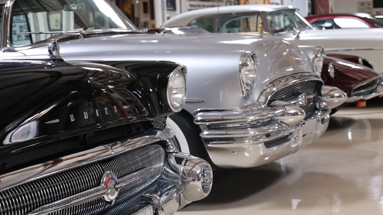 A row of Jay Leno's classic cars in his garage