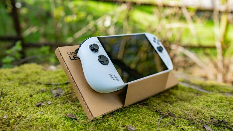 The Lenovo Legion Go S on its cardboard stand.